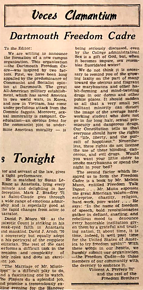 Vinnie&srquo&s announcement of the Dartmouth Freedom Cadre